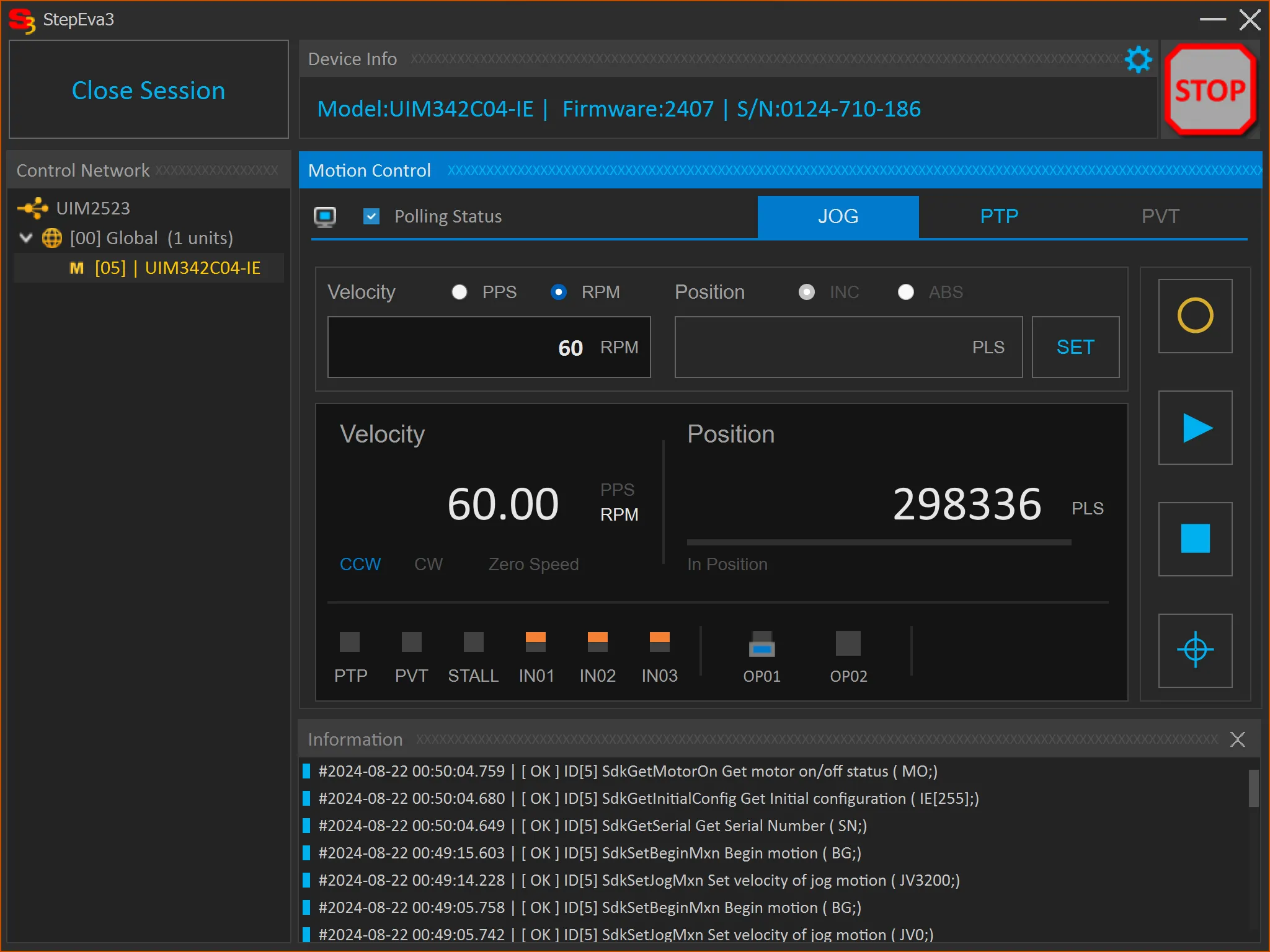 Screenshot of StepEva3 controlling a motor.