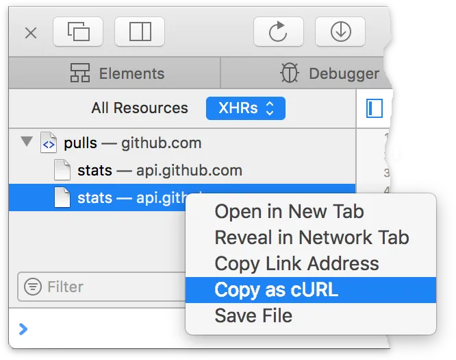 Screenshot of copying a request in the Safari Web Inspector as a curl command.